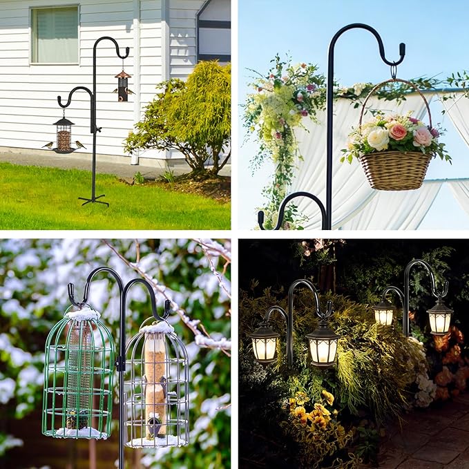 FrutPunch Double Hook Design Shepherds Hooks for Outdoor, 1Pack 35Inch Bird Feeder Pole with 5-Claw Base, Adjustable Shepherds Hook for Bird Feeder for Hummingbird, Plant Supporter, Wedding Decor