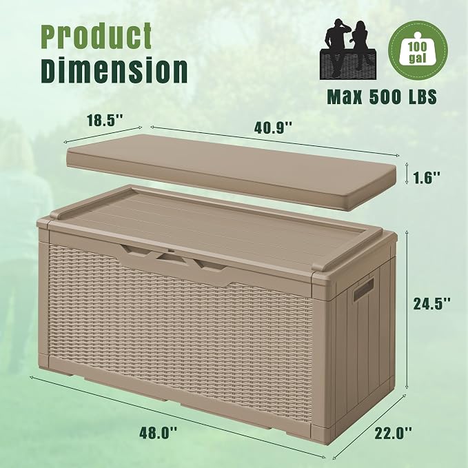 Greesum 100 Gallon Resin Deck Box Large Outdoor Storage with Cushions for Patio Furniture, Garden Tools, Pool Supplies, Weatherproof and UV Resistant, Lockable, Light Coffee