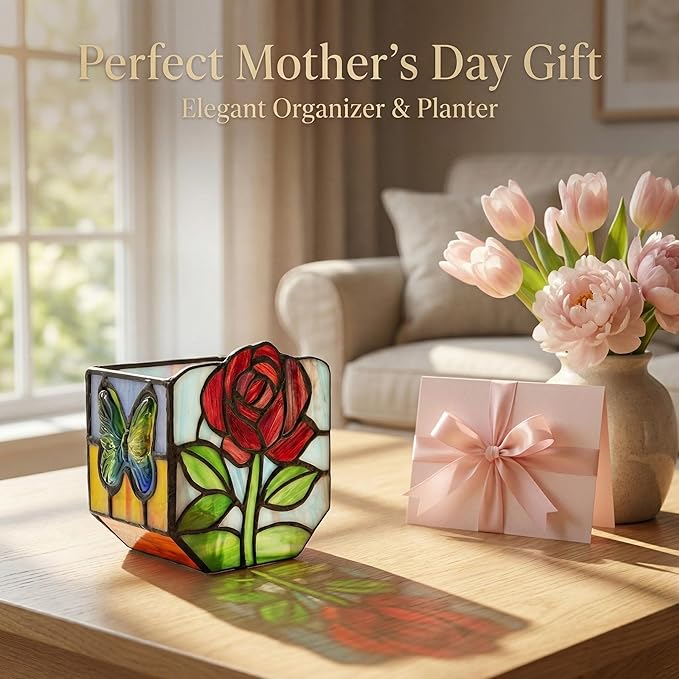 Tiffany Style Stained Glass Rose Planter,Vintage Floral Glass Planter, Candlestick Holder,Unique Home Decor Gift for Women, for Butterfly Enthusiasts, Mother's Day