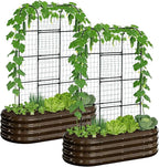 DoCred 2 in 1 Galvanized Raised Garden Bed, 2Pcs Garden Planter Box with 71" H Trellis for Climbing Plants, Outdoor Gardening Raised Beds with Climbing Net for Fruits, Vegetables, Flower (Wood Grain)