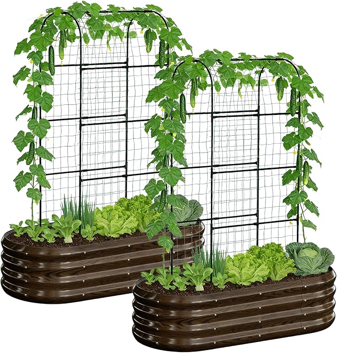 DoCred 2 in 1 Galvanized Raised Garden Bed, 2Pcs Garden Planter Box with 71" H Trellis for Climbing Plants, Outdoor Gardening Raised Beds with Climbing Net for Fruits, Vegetables, Flower (Wood Grain)
