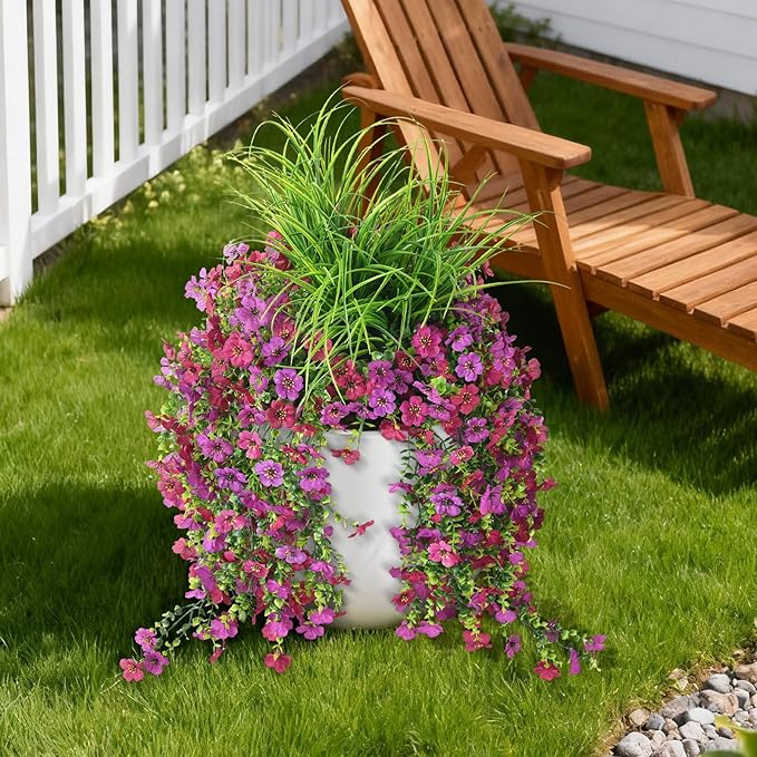 Artificial Hanging Flowers with Wheat Grass for Outdoors, 5 Pcs Fake Hanging Plants for Spring Decor, UV Resistant Faux Silk Flower Greenry for Planter Porch Patio Yard Garden(Light Purple Red)
