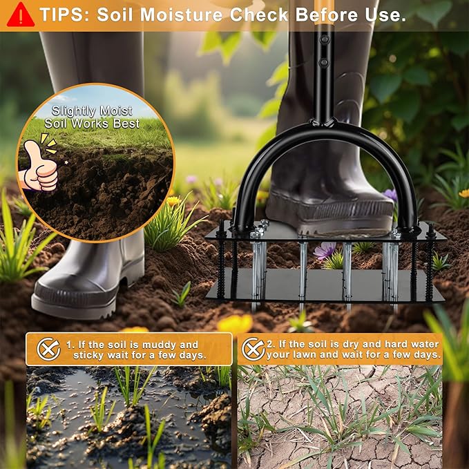 Manual Lawn Aerator Tool with 16 Steel Spikes, Adjustable T-Handle Hand Aerator Lawn Tool with 4-Spring Self-Cleaning Design for Soil Loosening & Grass Root Growth in Lawn, Garden & Backyard