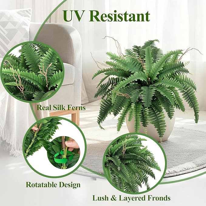 35” Artificial Boston Fern Bush Plant, 2 Faux Ferns for Outdoors Large, Fake Ferns Realistic Artificial Plants with 39 Fronds for Garden Porch Patio Home Office Living Room Decor Green
