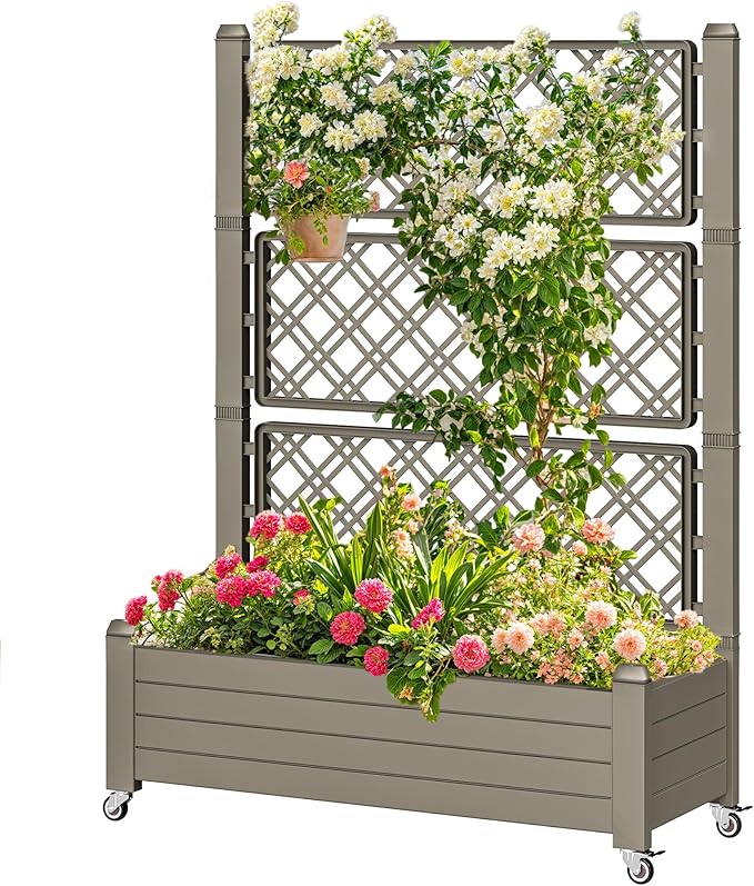DWVO 3.6 x 1.5 x 5 FT Raised Garden Bed with Trellis, Large Outdoor Planter Trellis Box with Drainage Holes and Wheels for Climbing Plants, Light Brown