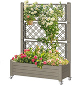 DWVO 3.6 x 1.5 x 5 FT Raised Garden Bed with Trellis, Large Outdoor Planter Trellis Box with Drainage Holes and Wheels for Climbing Plants, Light Brown