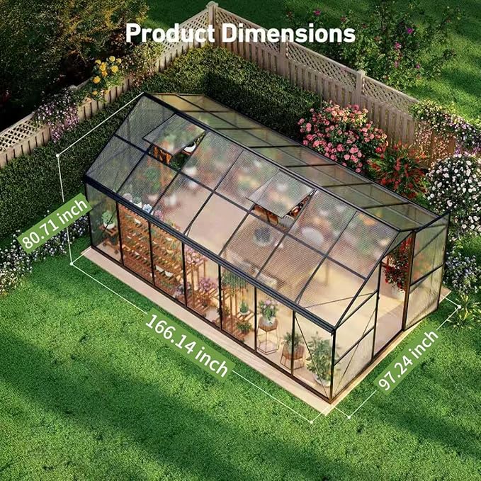 8x14FT Walk-in Greenhouse with Hygrometer,Polycarbonate Green House with UV Protection, Heavy Duty Greenhouse with Windproof Aluminum Frame, Roof Vent & Quick-Install Design