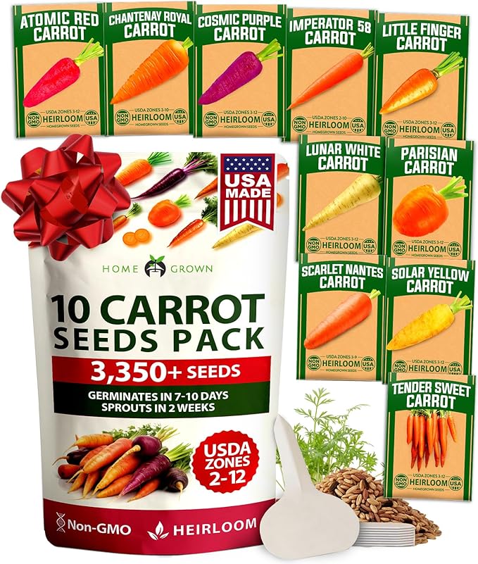 HOME GROWN Rainbow Carrot Seeds 10 Variety Mix 3350+ Heirloom Non-GMO Seeds for Planting, High Germination, Multi-Color Gourmet Root Vegetables, Kids Garden, Crunchy Fresh Eating (Daucus carota)