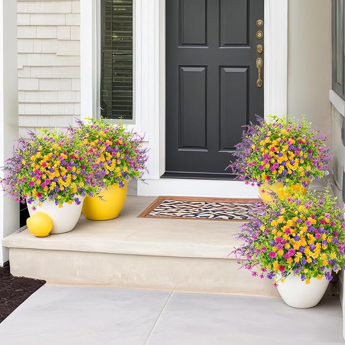 ATTGREAT Artificial Spring Flowers Outdoors UV Resistant Fake Greenery Plants Realistic Plastic Flowers Outside Faux Silk Wildflowers for Home Planter Porch Garden Decor, 24 Bundles (Multicolor)