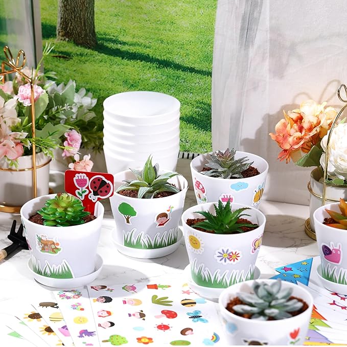 Domensi 12 Pack Garden Pot Craft Kit 4 Inch DIY Spring Crafts for Kids Bulk Plastic Flower Plant Pot Plastic Planter with Tray Drainage Holes with Tag, Certificate of Award, Sticker (White)