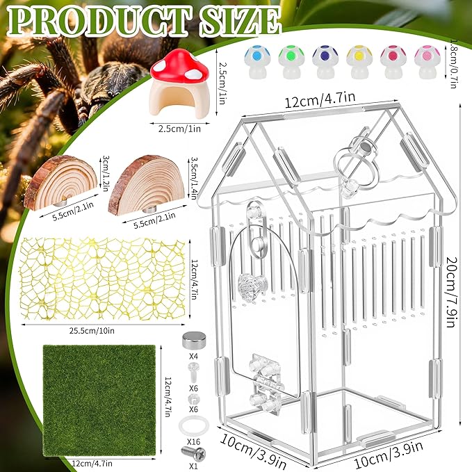 Hysagtek Jumping Spider Enclosure - Acrylic Arboreal Tarantula Enclosure Small Reptile Terrarium with Magnetic Door, Clear Jumping Spider Enclosure Accessories