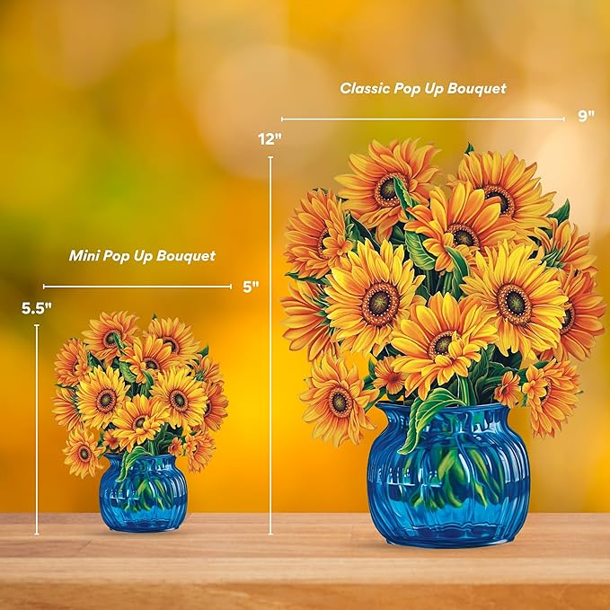 Freshcut Paper Pop Up Cards, Mini Sunflowers (Set of 2), 6 Inch Mini Sized Forever Flower Bouquet 3D Popup Greeting Card, Birthday Cards, Thank You Card, Blank Notecard & Envelope