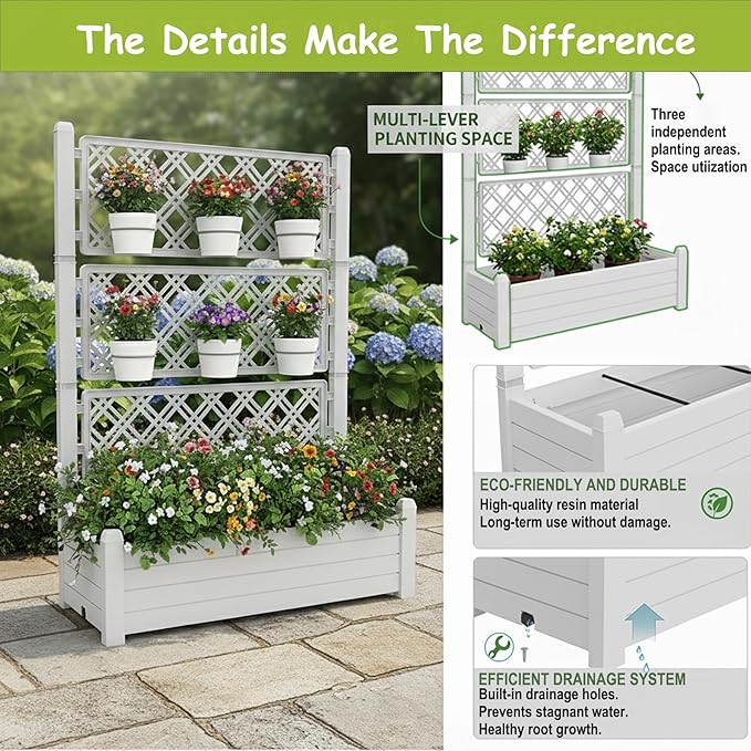 5' Tall Raised Garden Bed with Trellis, Self Watering Planter Box for Outdoor Climbing Plants Resin Garden Lattice for Vegetables, Flowers, Tomato & Vine with Drainage Holes (Ashen, 4 Pack)
