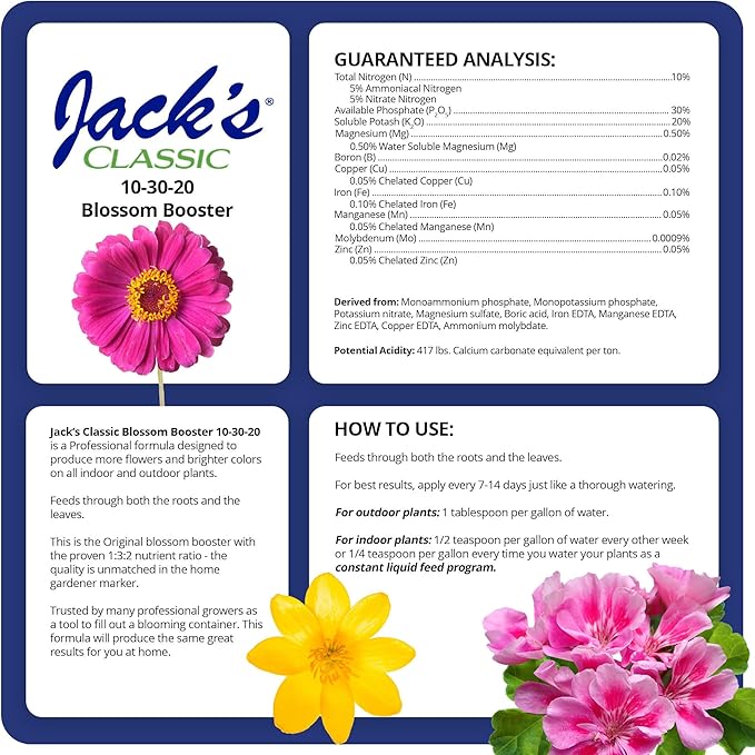Jack's Classic 10-30-20 Blossom Booster Water-Soluble Fertilizer with Micronutrients for Increasing Color and Quantity of Blooms in Flowering Plants, 1.5lbs