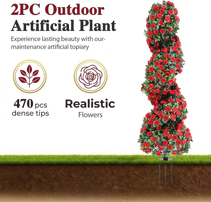 PATIO CHOICE 3ft Artificial Topiary Spiral Trees with Rose Set of 2 36" High End Outdoor Faux Plants Realistic Faux Bushes and Shrubs Decorations for Outdoor Front Porch Garden