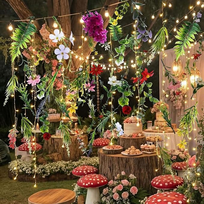 Suncalla 6 Pcs 35.4ft Hanging Flowers Garlands Backdrop Lighted Floating Fake Wildflower Vines LED Floral Garland Ceiling for Spring Wedding Bridal Shower Birthday Graduation Party(Fresh,Multicolor)