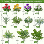 30 Bundles Artificial Plants Outdoor, UV Resistant Faux Greenery Stems with Flowers Shrubs for Planters Front Porch Outside Garden Window Box Patio Yard Decor