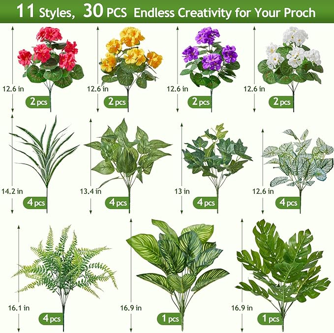 30 Bundles Artificial Plants Outdoor, UV Resistant Faux Greenery Stems with Flowers Shrubs for Planters Front Porch Outside Garden Window Box Patio Yard Decor