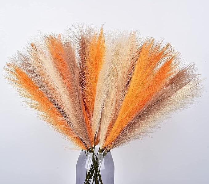 LSKYTOP Orange Pampas Grass Decor,23Inch 12pcs Faux Pampas Grass Bouquets Artificial Pampas Fake Pampas Flower for Home Living Room Bedroom Vase Decor