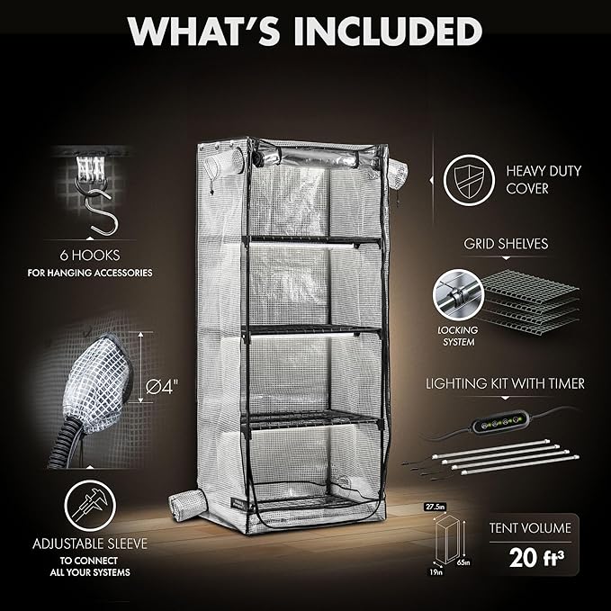 Mushroom Grow Tent with 6500K LED Light & Timer, 4-Tier Shelves Fit Up to 8 Monotubs, Mini Indoor Greenhouse with Grow Light, Waterproof Tray, 4 Vents, Martha Tent