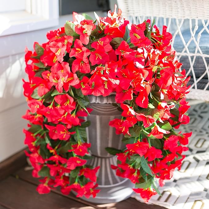 HyeFlora Bougainvillea Artificial Hanging Flowers Plants for Outdoors Decoration, 2pcs Red Fake Flowers Silk Bougainvillea Vines Realistic UV Resistant Faux Flowers for Outside Planters Porch Patio