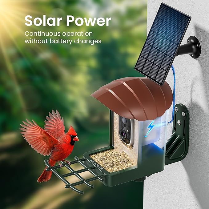HEAPETS Bird Feeder with Camera Solar Powered, 3K HD Video, AI Bird Recognition, Auto Capture with Instant Notifications, IP65 Weatherproof, Gifts for Fathers Day, Brown