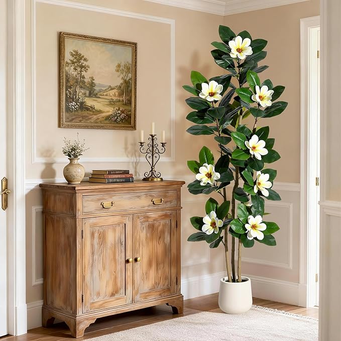 GarveeHome Faux Rubber Tree, 72 Inch Artificial Plants Indoor with Real Touch Leaves and Multi Trunks, Artificial Tree Fake Potted Plants with White Flowers for Home Decor Office Living Room