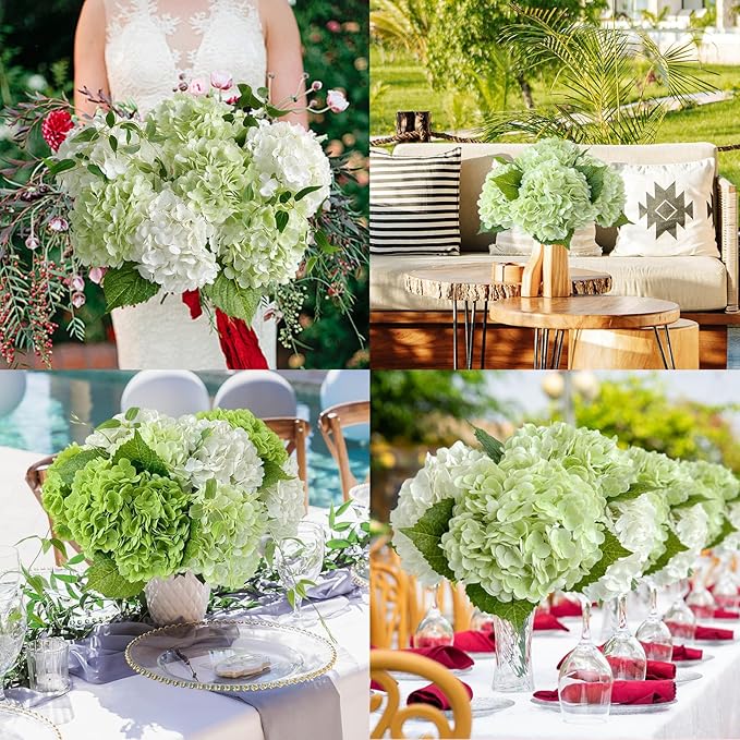 ZYTUYO 4 Pcs Real Touch White Light Green Hydrangeas Artificial Flower 21'' Realistic Faux Latex Hydrangeas Flower for Home Decor Kitchen Living Room Spring Table Wedding Xmas Arrangement