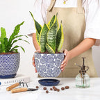 Selamica Ceramica Plant Pots, 6.5 Inch Flower Pots Set of 2 with Drainage Holes & Saucer, Planters for Indoor Plants, Home Decor, Vintage Blue