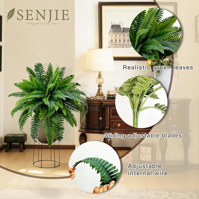 Senjie Artificial Boston Fern 2 Set Large 55 Branches Fake Ferns for Outdoors 34Inch Faux Plant for Home Living Room Office Decor