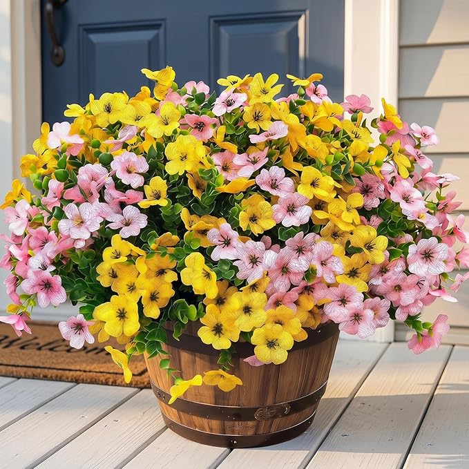 Artificial Flowers for Outdoor Fake Plants for Spring Decoration,Faux Eucalyptus Flowers for Planter UV Resistant Lifelike for Home Porch Garden (Yellow/Pink)