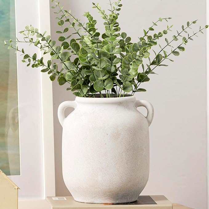 Ceramic Flower Vase Home Decor - 7.6 Inch Farmhouse Rustic White Table Vases with Handle Living Room Decoration Decorative Vintage Pottery for Kitchen Shelf Coffee Dining Desk Bookshelf Fireplace