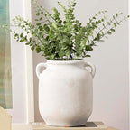 Ceramic Flower Vase Home Decor - 7.6 Inch Farmhouse Rustic White Table Vases with Handle Living Room Decoration Decorative Vintage Pottery for Kitchen Shelf Coffee Dining Desk Bookshelf Fireplace