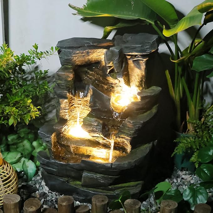 Sunlinua 23.6" H Outdoor Water Fountain with 5 Tiers Cascading Realistic Rock Waterfall Fountains with LED Lights Outdoor Water Fountain for Garden Patio Backyard Porch Home Decor
