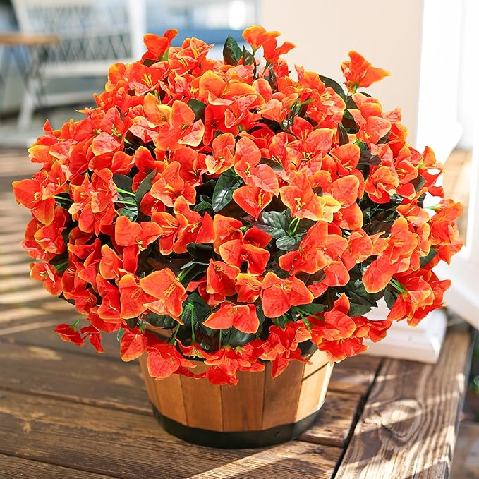 Artificial Flowers for Outdoors Spring Summer Porch Decor, 4 Bundles Fake Bougainvillea Realistic Silk Flowers for Outside UV Resistant Faux Outdoor Plants for Planters Patio Yard Balcony Home, Orange
