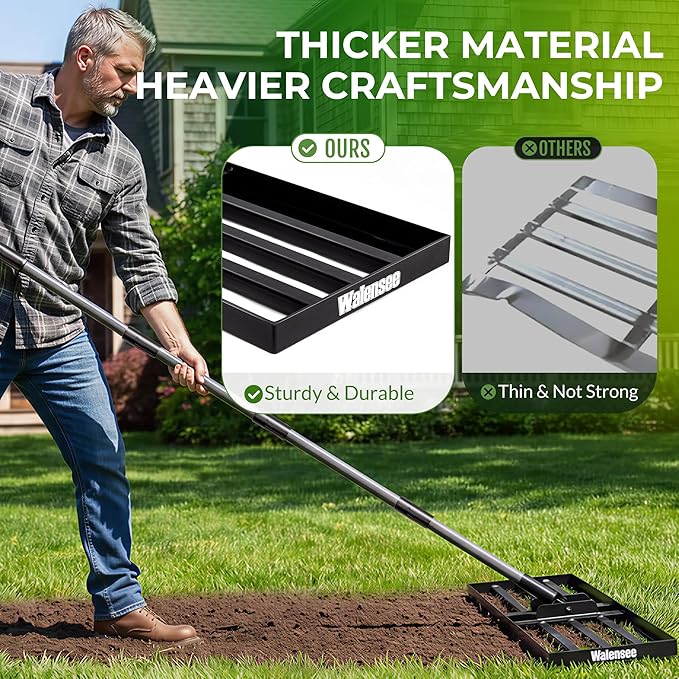 Walensee Lawn Leveling Rake, Levelawn Tool, Heavy Duty Effort Saving Lawn Level Tool, Steel Handle Lawn Leveler for Yard Garden Golf Course , Ease Level Soil Sand Dirt Surfaces, 6.5FT 30"x10"