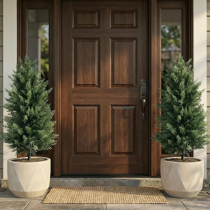 Joyooss Artificial Topiary Cedar Tree,3FT Faux Outdoor Plants Front Porch Decor 2 Set Evergreen Shrubs Fake Plant Artificial Bushes Cypress Trees with Flowerpot for Home Living Room Front Door Decor