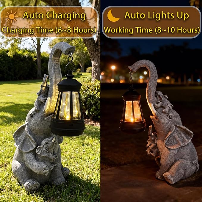 Solar Garden Outdoor Statues Lights Elephant Garden Sculptures Birthday Housewarming Gifts for Women Mom Grandma for Patio Yard Lawn Backyard Decorations