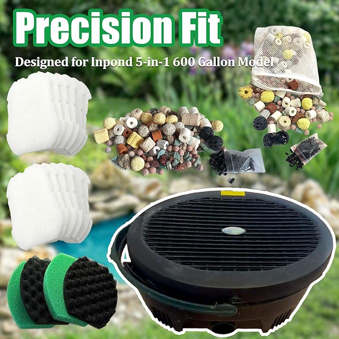 PurifyLogix 18PCS Pond Filter Kits for Pennington Inpond 5-in-1 600 Pump | 12 Polymer Wool Pads, 4 Foam Filter, 2 Media Packs(Activated Carbon, Bio-Balls), Maintenance Kits for Aquagarden 600 model