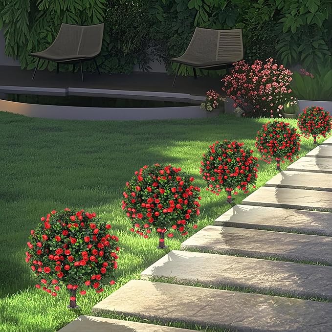 Grooy Artificial Boxwood Topiary Tree with Rose, Set of 2 Artificial Shrub Bushes with Ground Spike, Fake Evergreen Tree for Porch, Artificial Plants for Outdoor Planters Indoor UV Resistant