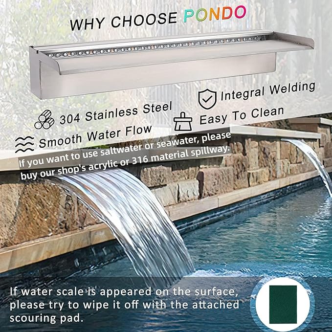 24'' APP Control Pool Waterfall with RGB LED Lights, Stainless Steel Pond Fountain Set for Outdoor Decorations, Patio Waterfall Spillway Kit w/16 Color Changing, Easy Install