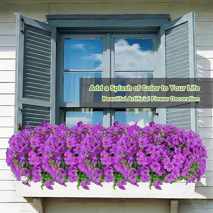 Artificial Flowers Fake Plants for Outdoors Spring Decoration, 13Bundles Silk Realistic UV Resistant Faux Flowers for Outside Planter Porch Yard Patio Garden Home Indoor, Purple