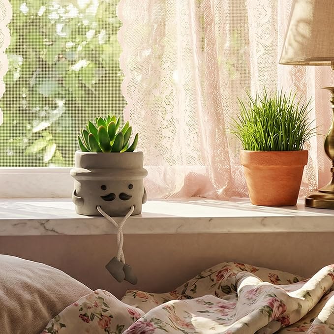 Cute Artificial Succulent Plant in Cement Pot with Hanging Legs, Mini Faux Succulent Decor for Kitchen Shelves, Bathroom Wall Shelf - Fake Small Plant for Home & Office Desktop, Shelf Accents