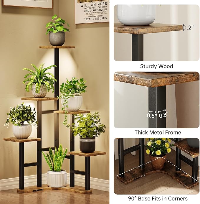 Yzosvki Corner Plant Stand Indoor with Grow Lights Set of 2, 6 Tiered Corner Plant Shelf Flower Stand for Multiple Plants, Plant Shelves Organizer Rack, Round Rustic Brown