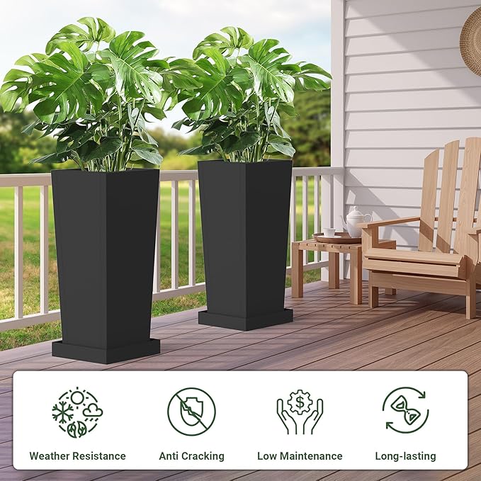Metal Tall Planters 30inch Set of 2,Durable Taper Planter with Drainage Insert Shelve & Trays, Metal Outdoor Planter Box for Porch, Garden, Patio, Yard (Black)