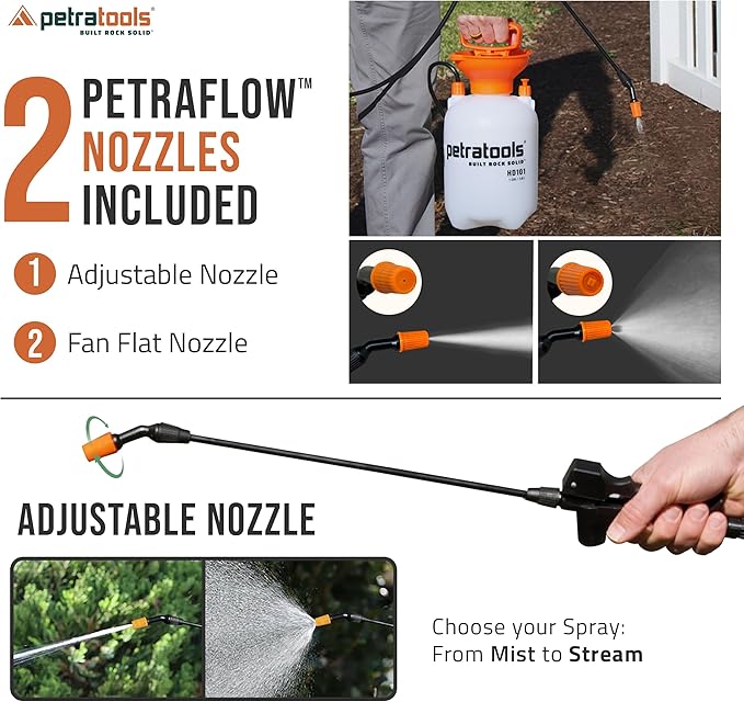 Petratools 1 Gallon Pump Sprayer – HD101 Garden Sprayer for Weeds, Lawn Care & Pesticides – 52” Long Hose, 2 Nozzles & Easy Carry Handle – Durable & Lightweight (Pack of 2)