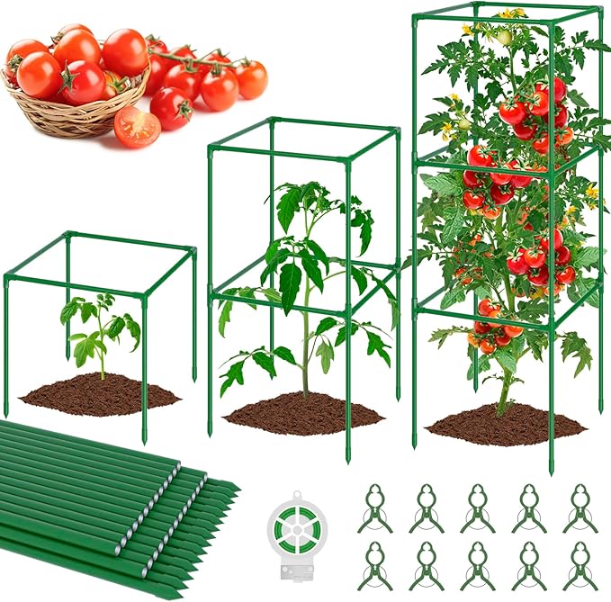 WLLEYAY 3 Pack Tomato Cages, Square Tomato Plant Stakes Support Cages Trellis, 50 * 17 * 17in Heavy Duty Steel Plant Tower Stakes Cucumber Trellis for Garden Climbing Vegetables Flowers Fruits, Bold