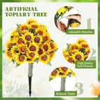Lunmon 2 Pack Artificial Sunflower Topiary Trees for Outdoors with Ground Spikes, 24 Inch UV Resistant Faux Sunflower Ball Plants for Front Door Porch Patio Garden Yard Decor