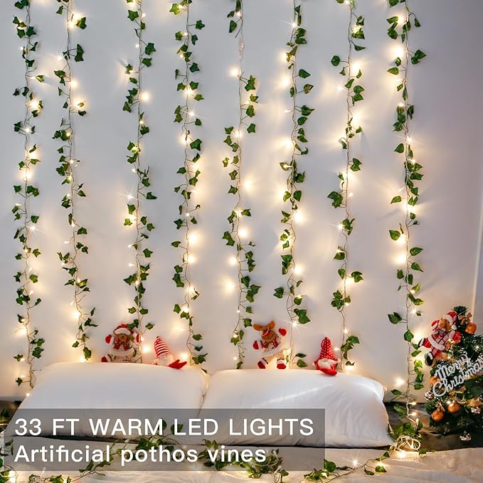 suddus Vine with Fairy Light Plug in, 33ft 100 LED Pothos String Lights Connectable with Remote, Leaf Lights for Bedroom, Room, Wall, Garden, Party, Wedding Dorm Decor (Warm White)