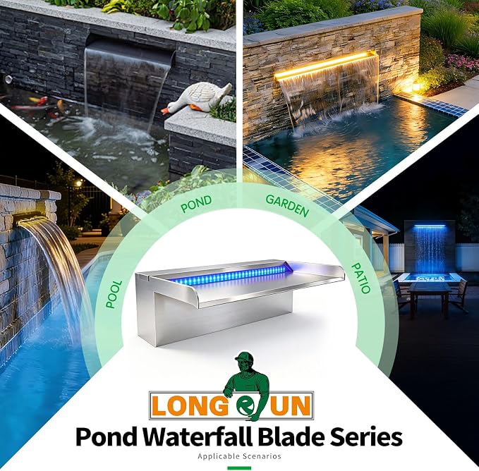 LONGRUN with lid Stainless Steel Waterfall Spillway, APP Control Multi-Color LED Light Outdoor Pool Fountain, Water Spillway Koi Pond Waterfalls Fountains Kit for Garden Patio Swimming Pool-35.4"